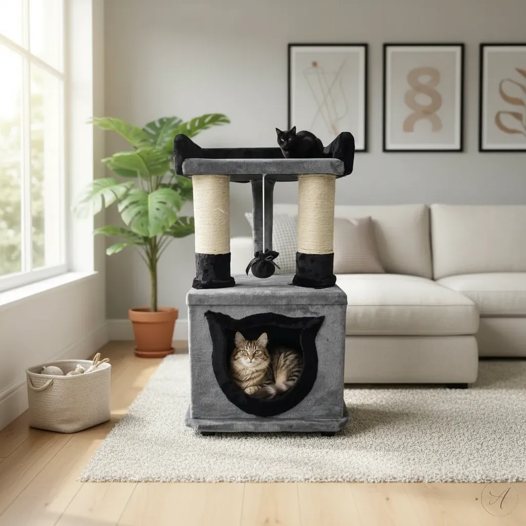 Gimnasio Rascador Para Gatos Con Casa Grande Y Juguete 80 Cm miniatura 3